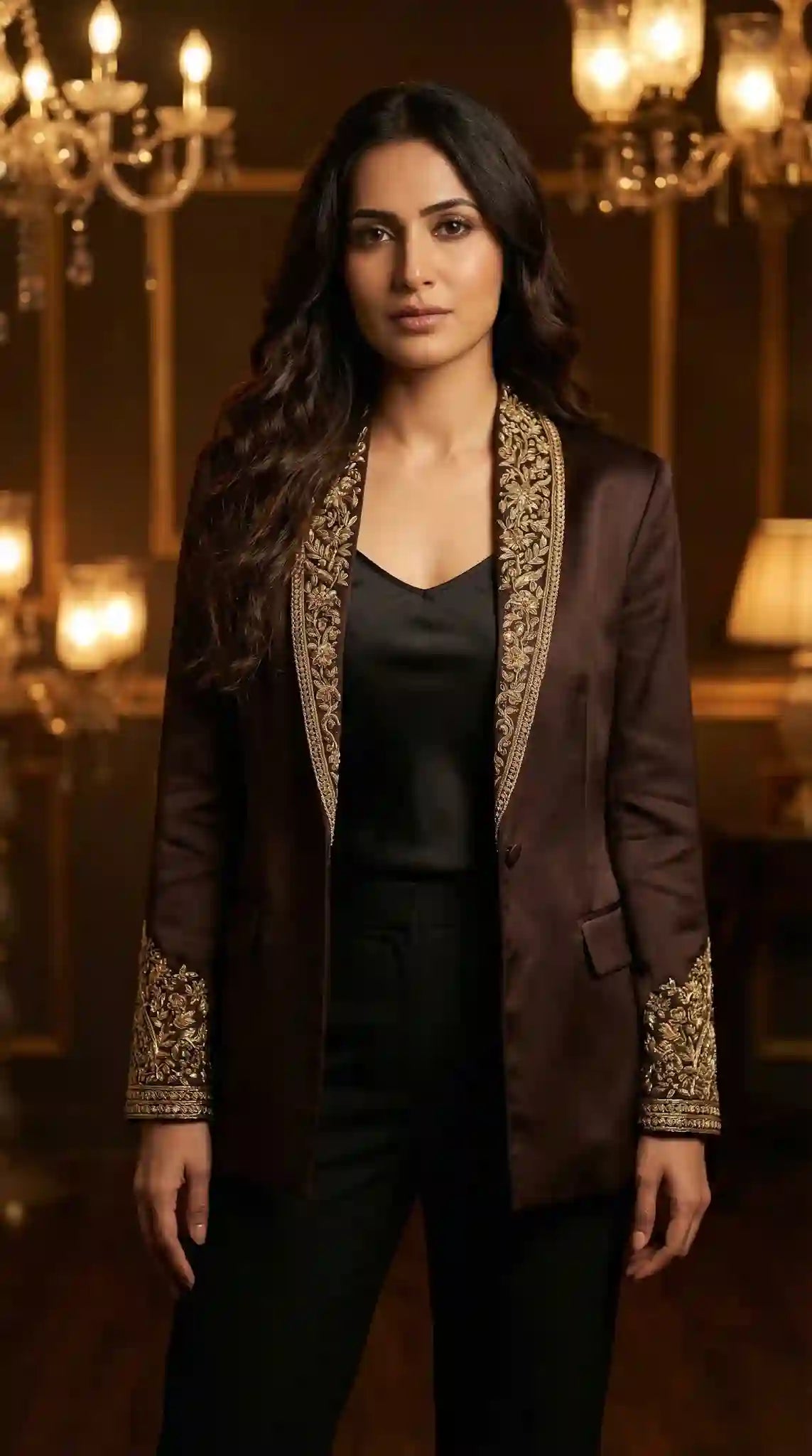 Brown Modal Silk Zardosi Work Blazer