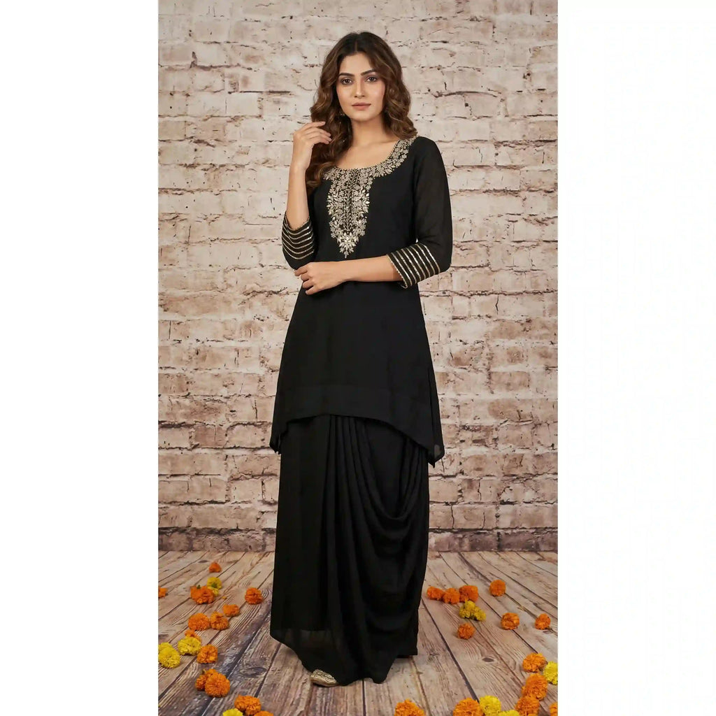 Black Maheshwari Silk Zardosi Work Set