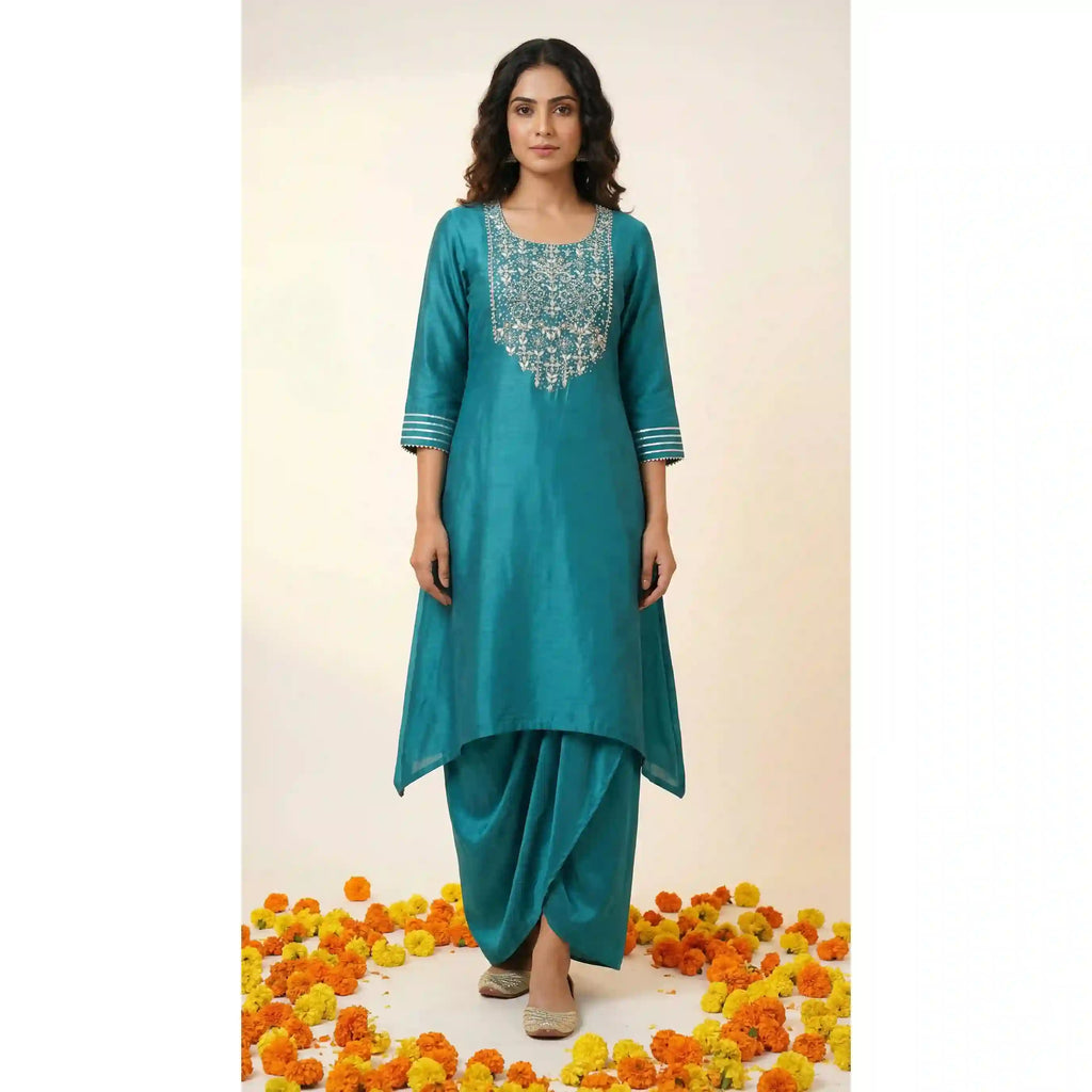 Firozi Maheshwari Silk Zardosi Work Set