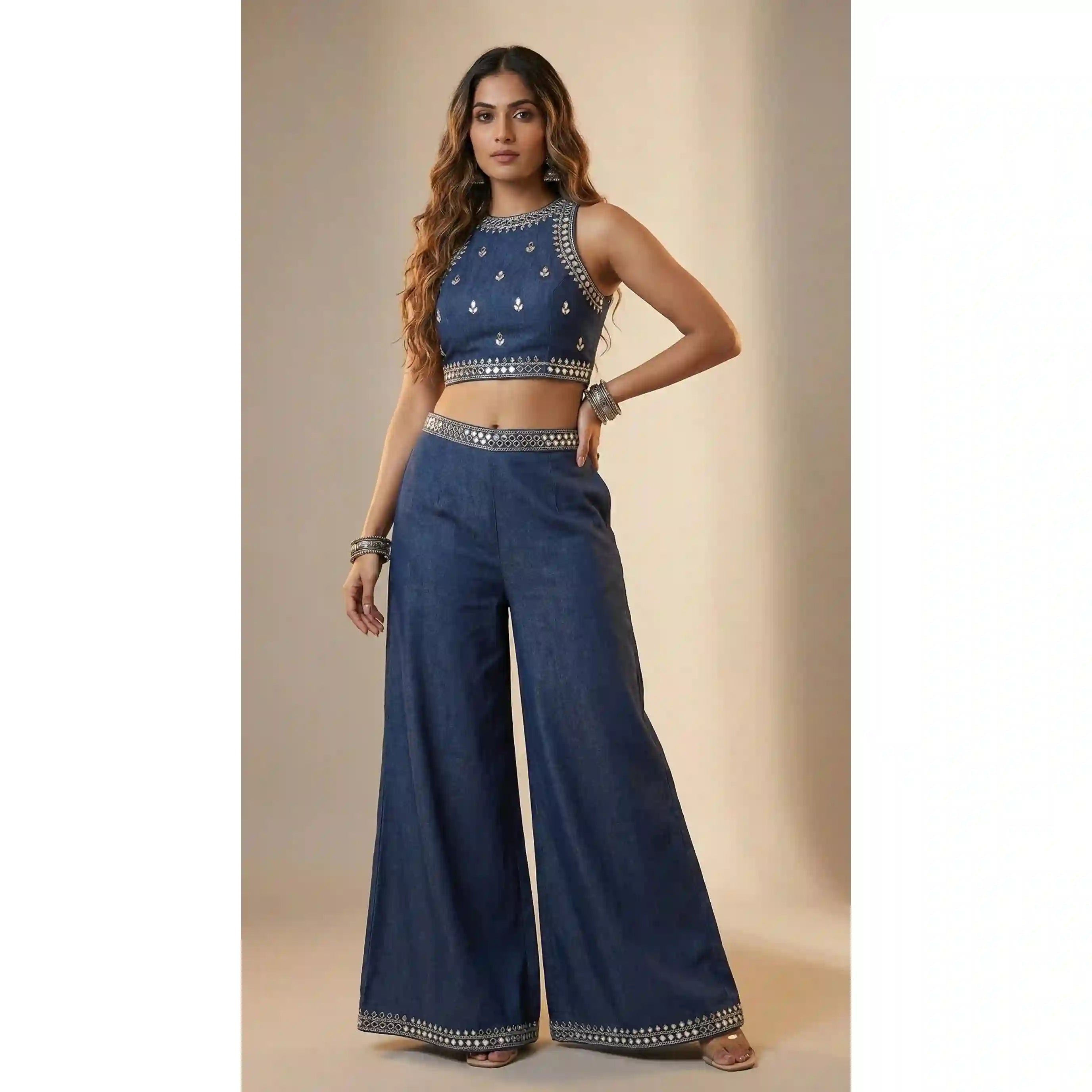 Blue Denim Crop top-Palazzo Set