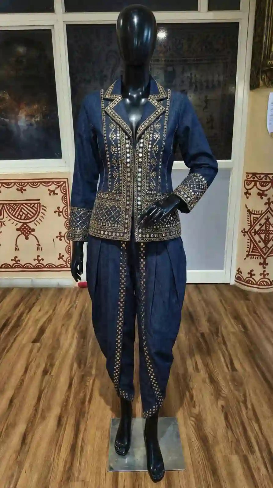 Blue Denim Jacket-Dhoti Set