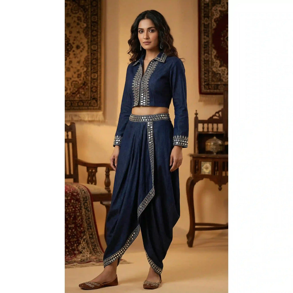 Blue Denim Crop top Dhoti Set