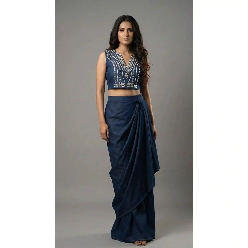 Blue Denim Crop top Draped Skirt Set