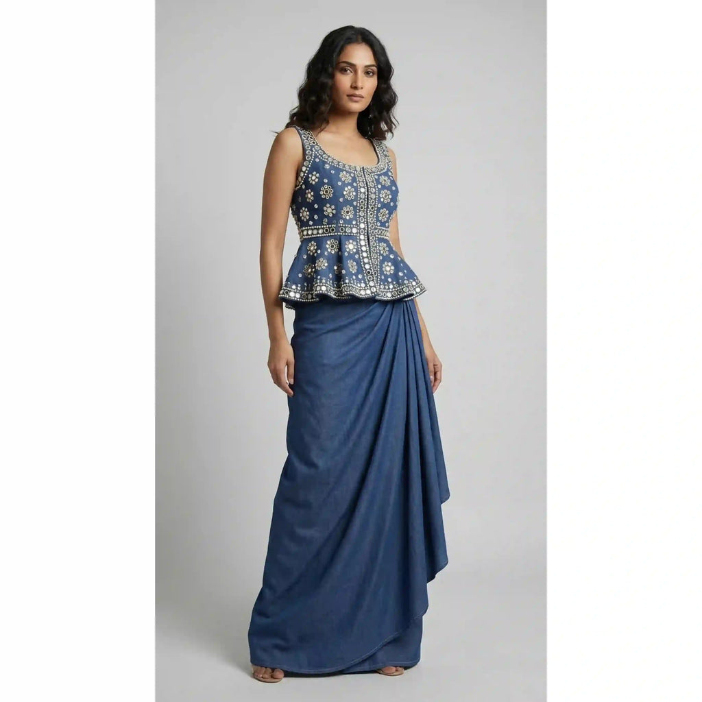 Blue Denim Peplum top Draped Skirt Set