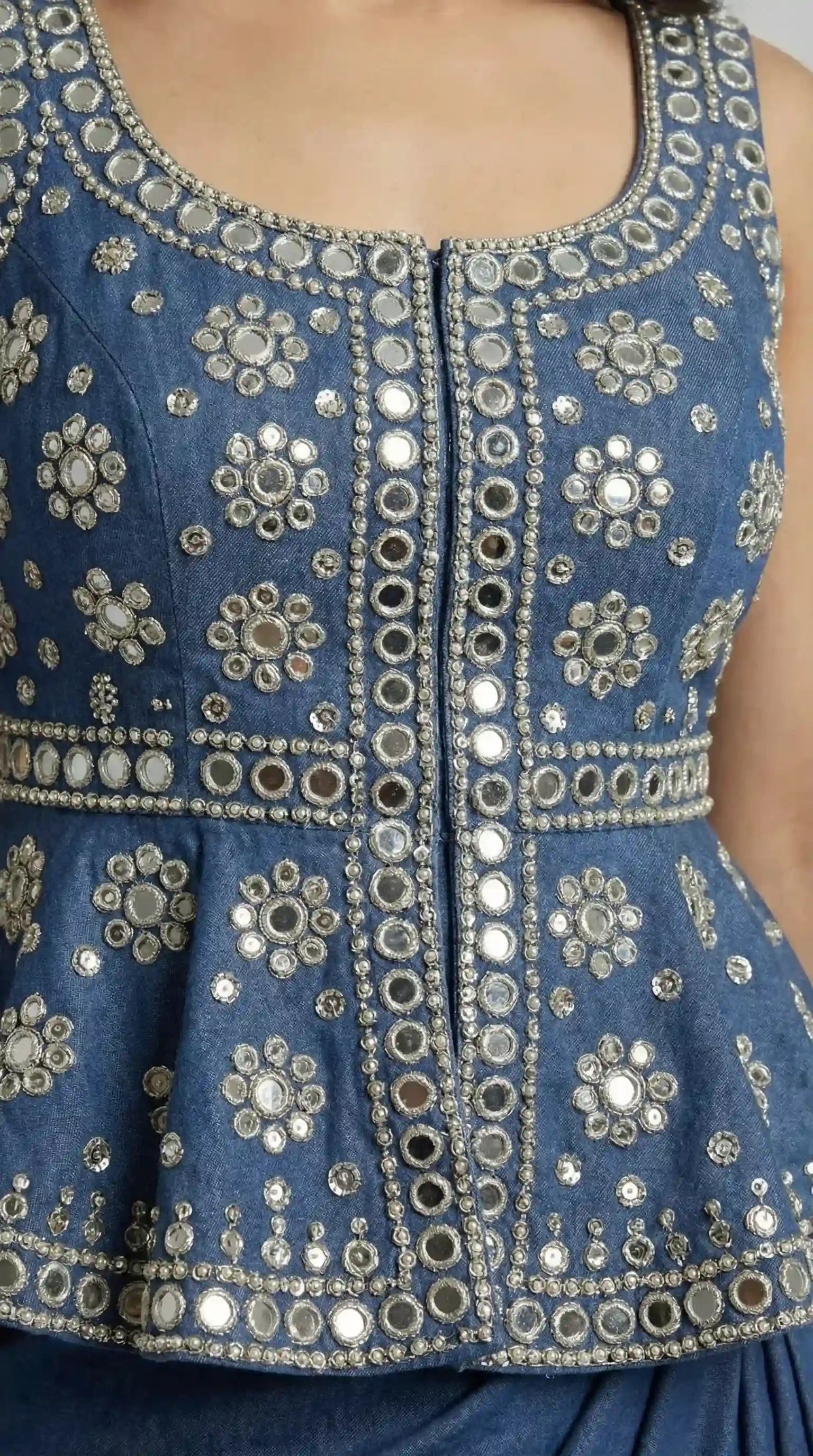 Blue Denim Peplum top Draped Skirt Set