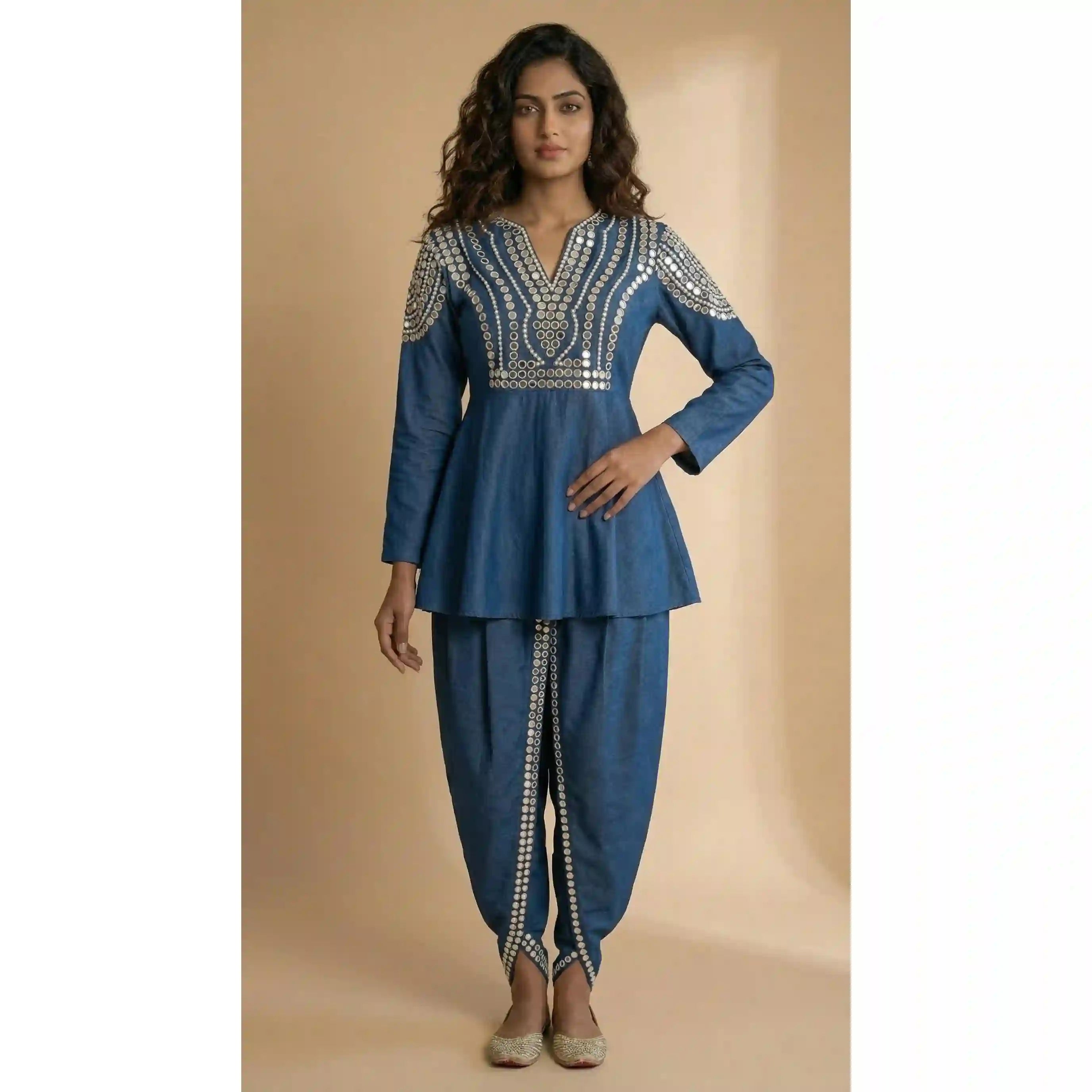 Blue Denim Peplum top Dhoti Set