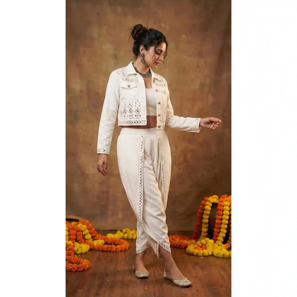 White Denim Jacket Dhoti Set