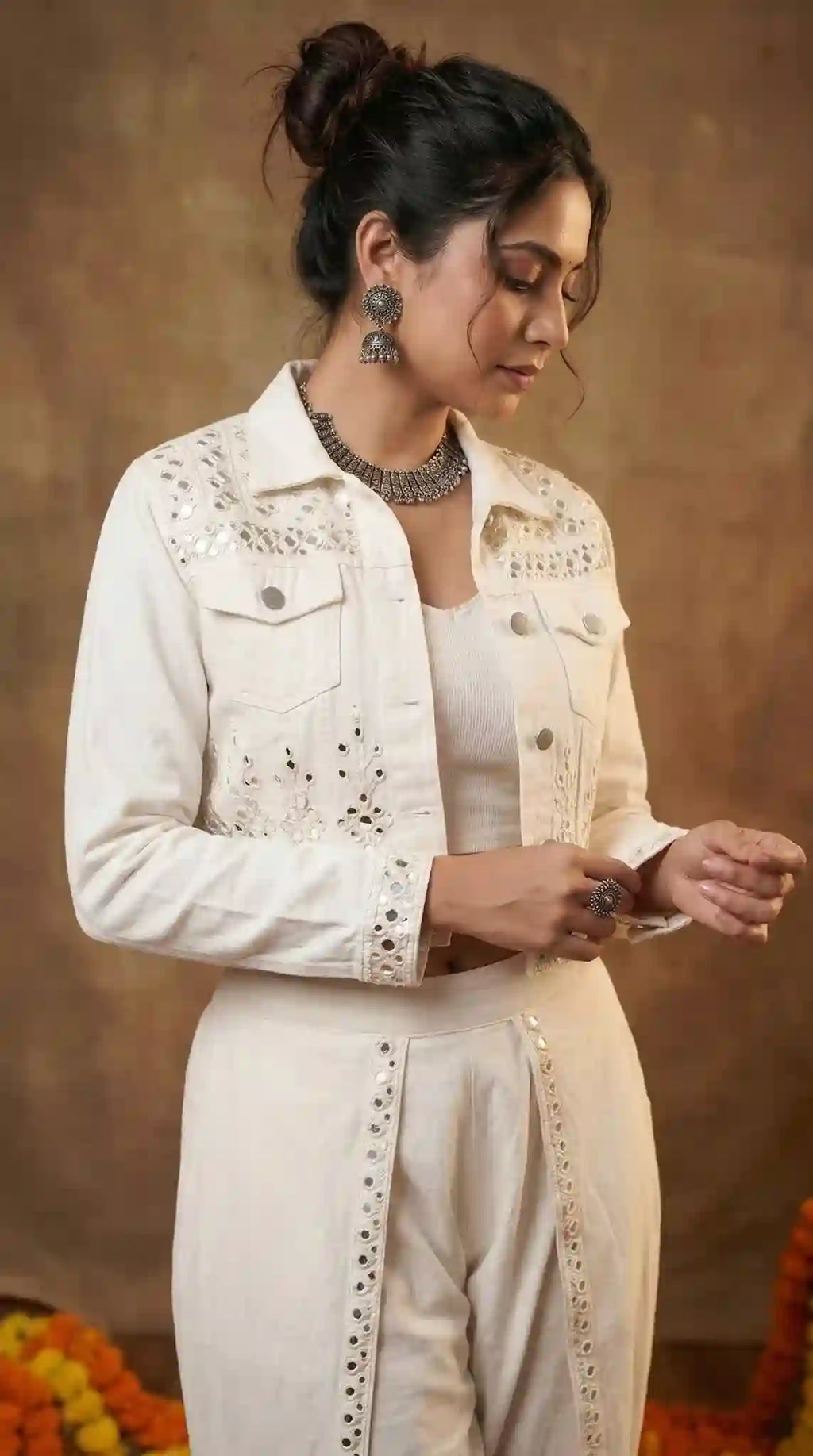 White Denim Jacket Dhoti Set