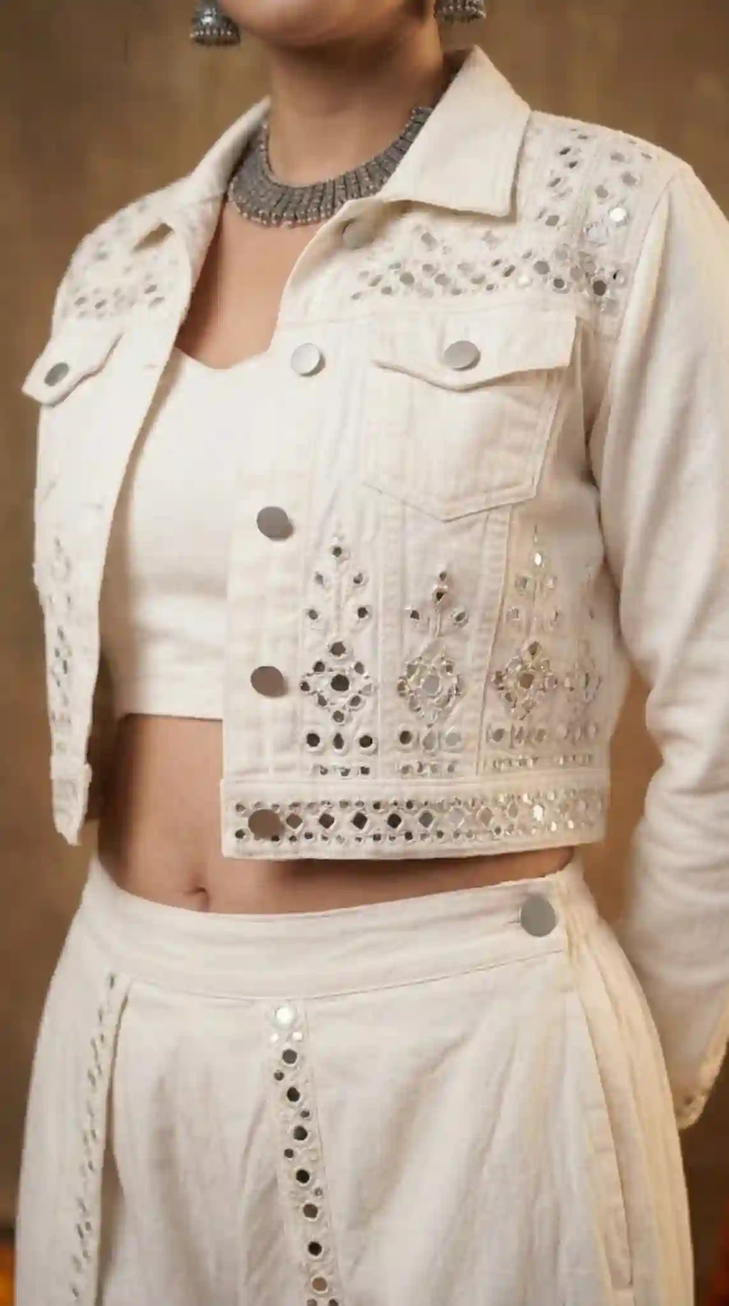 White Denim Jacket Dhoti Set