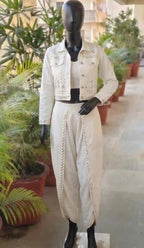 White Denim Jacket Dhoti Set