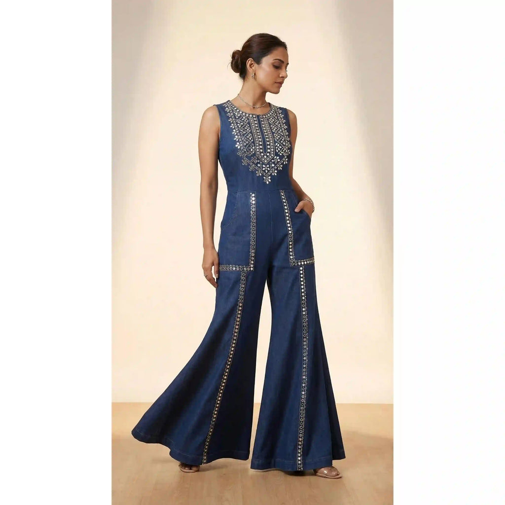Blue Denim Jumpsuit with Mirror Work