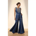 Blue Denim Jumpsuit with Mirror Work