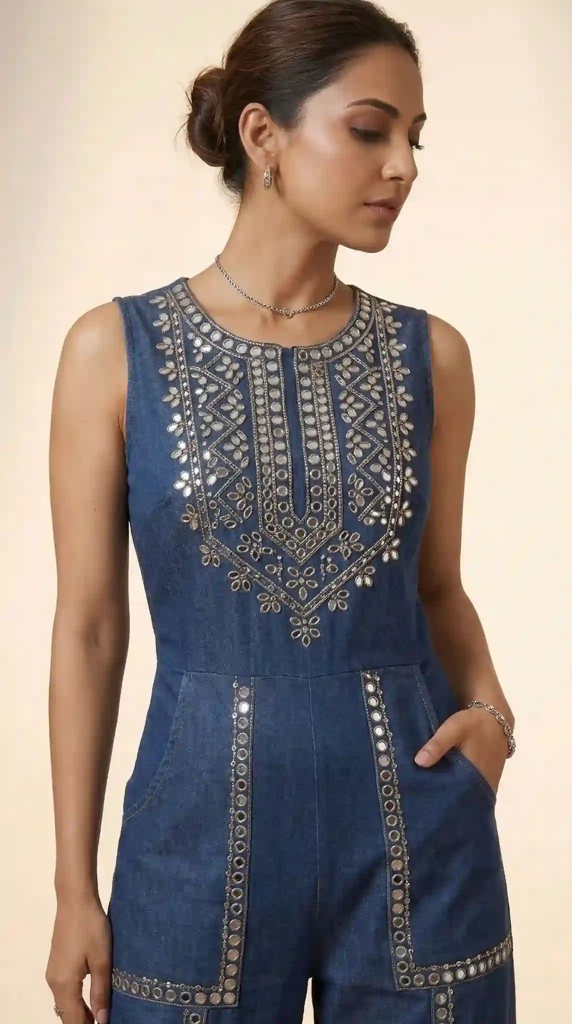 Blue Denim Jumpsuit with Mirror Work