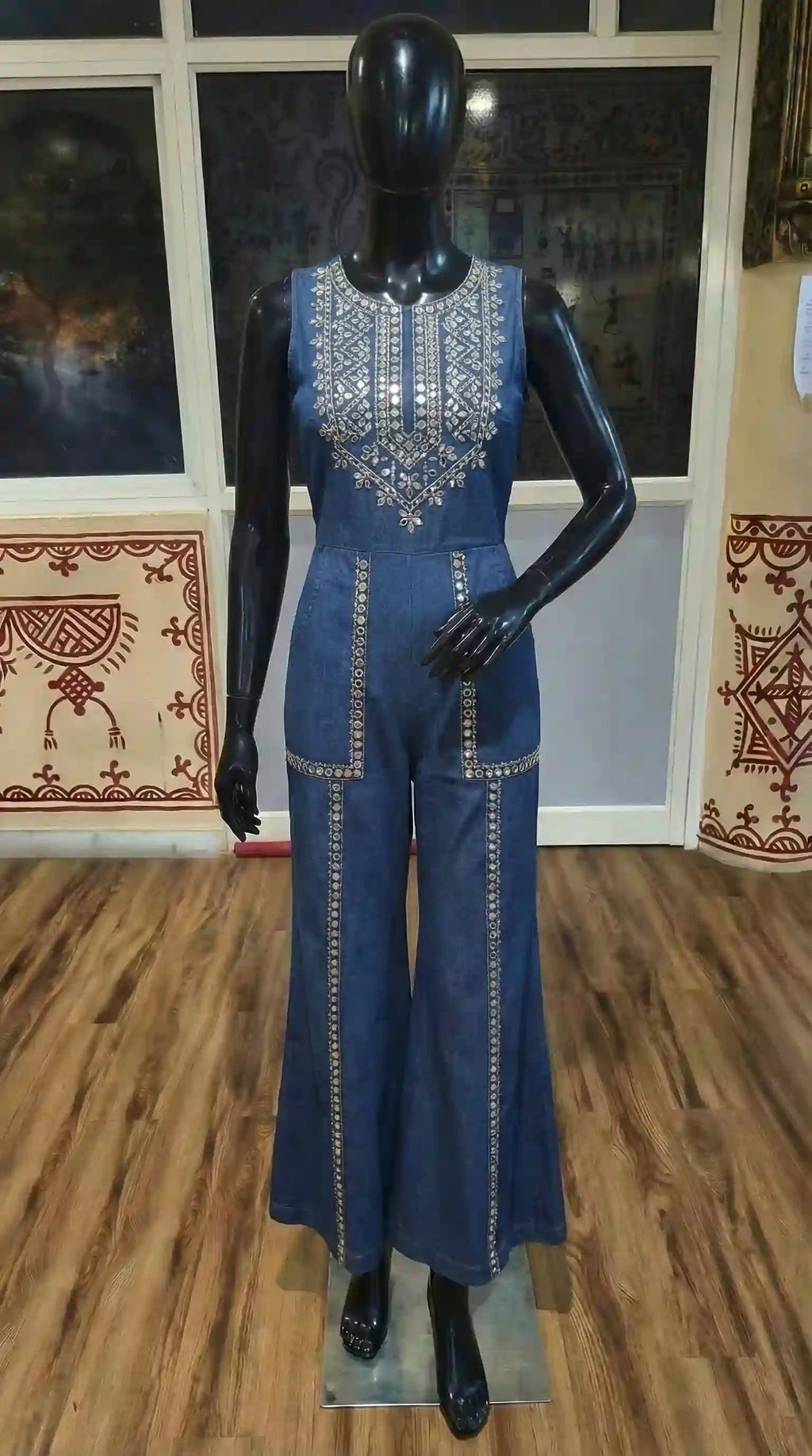 Blue Denim Jumpsuit with Mirror Work