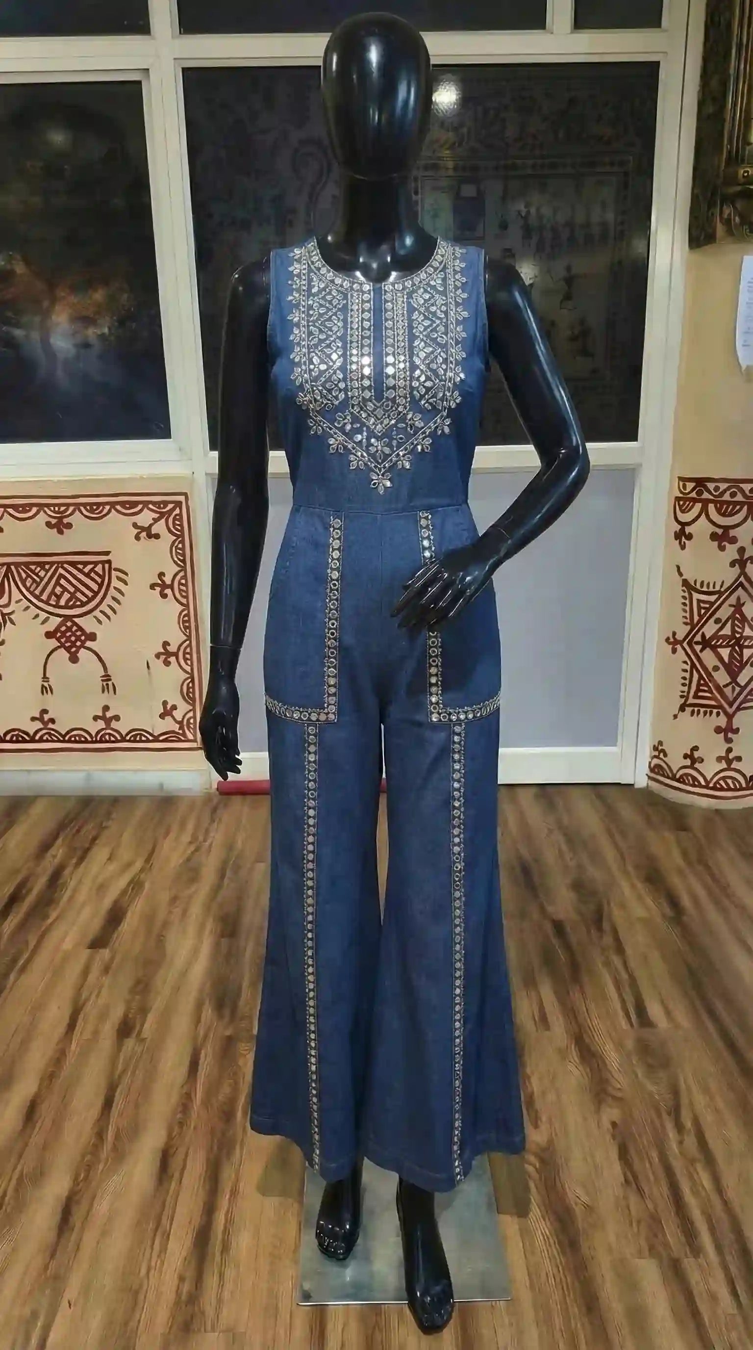 Blue Denim Jumpsuit with Mirror Work