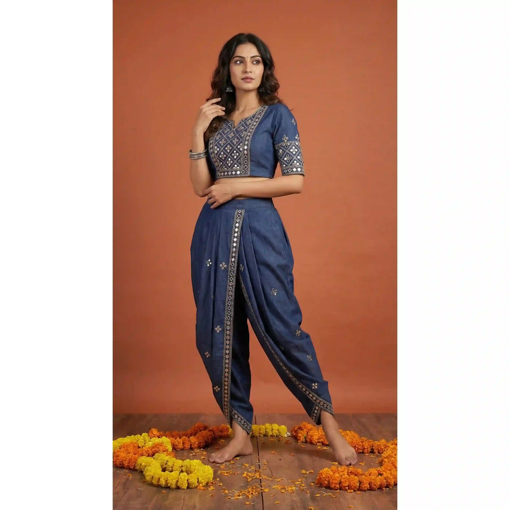Blue Denim Crop top Dhoti Set