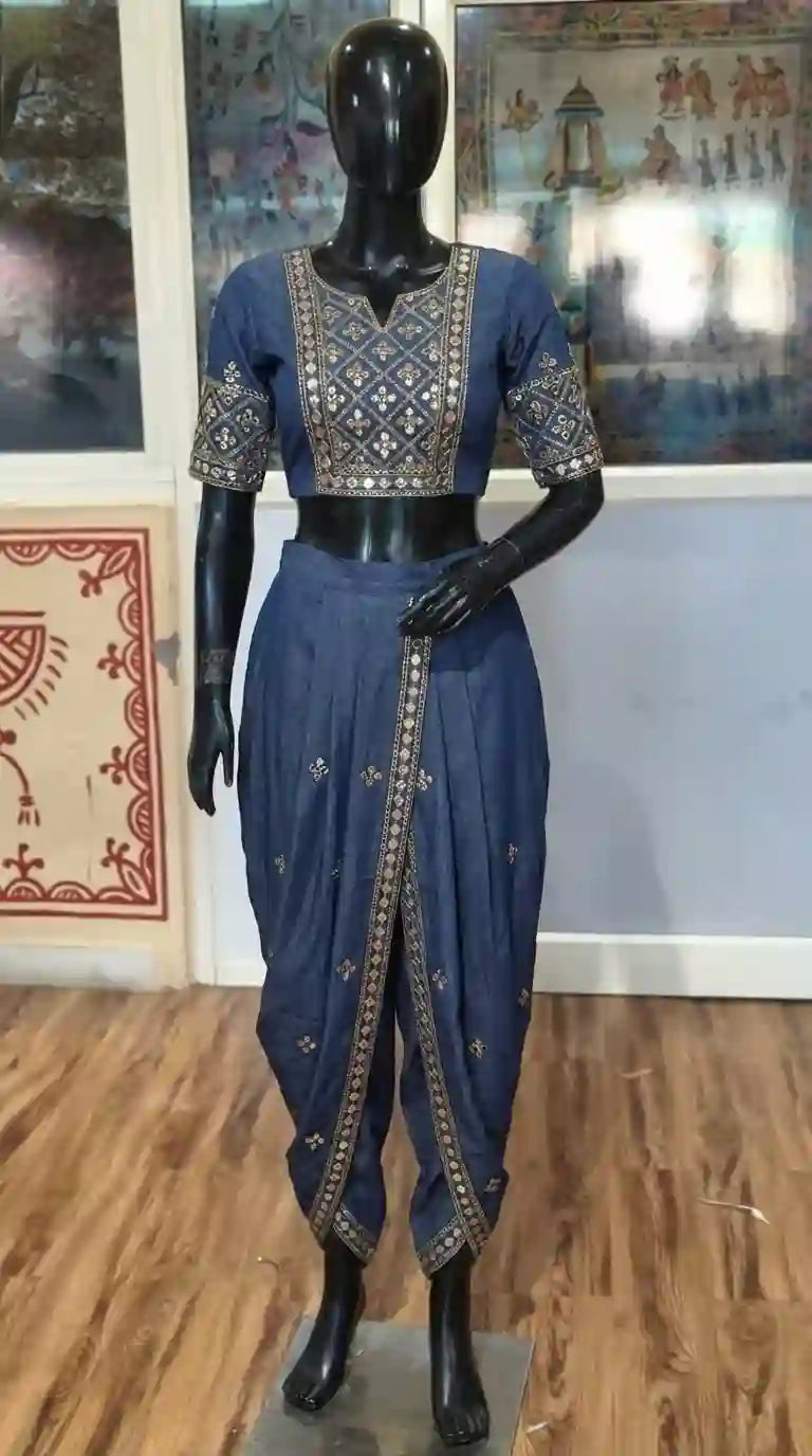 Blue Denim Crop top Dhoti Set