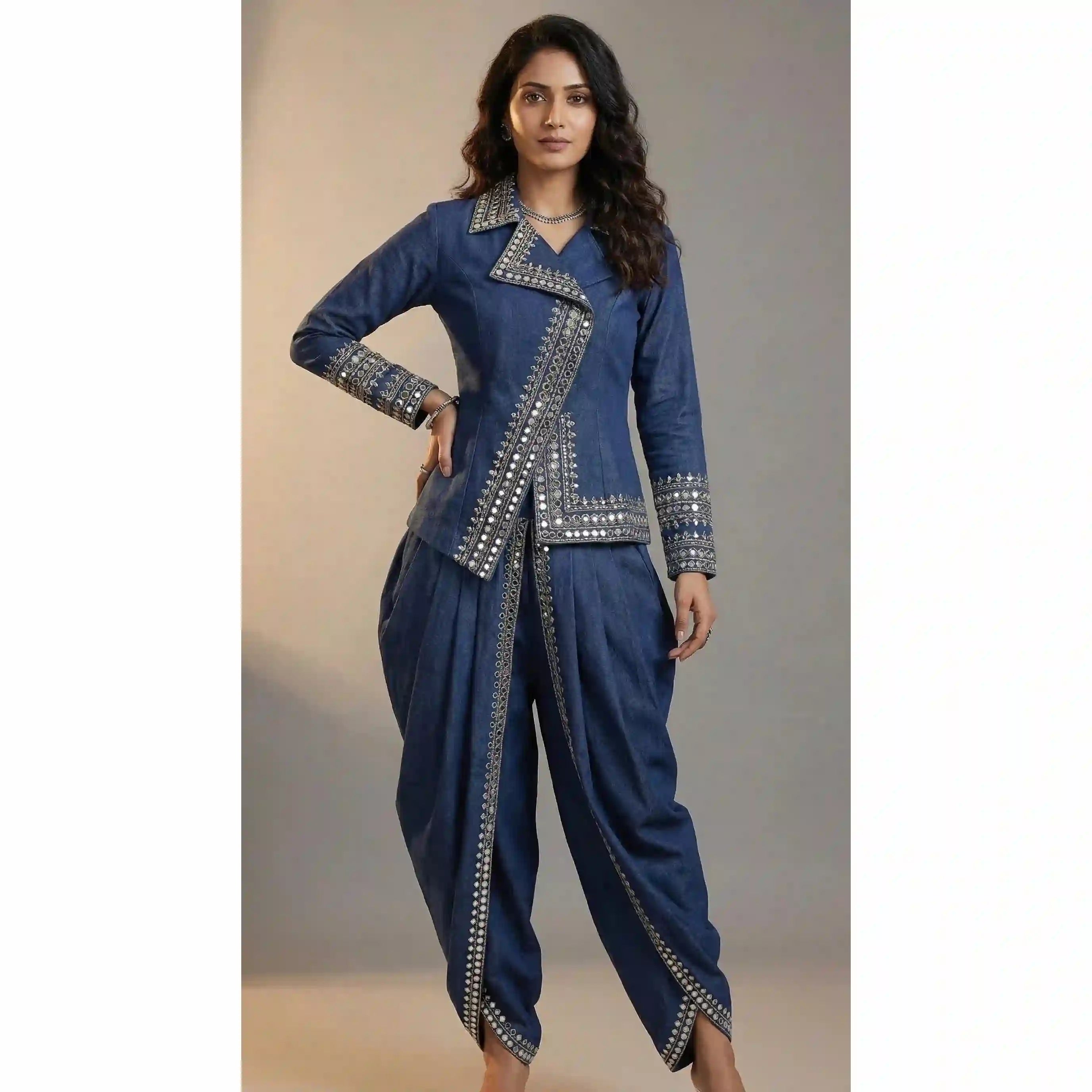 Blue Denim Top-Dhoti Set