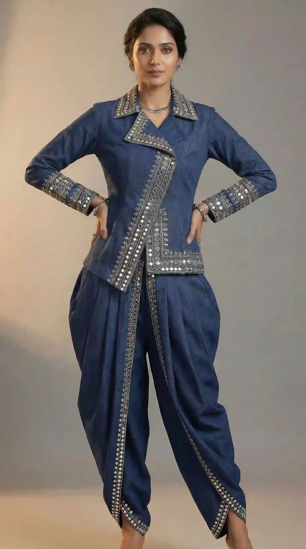 Blue Denim Top-Dhoti Set