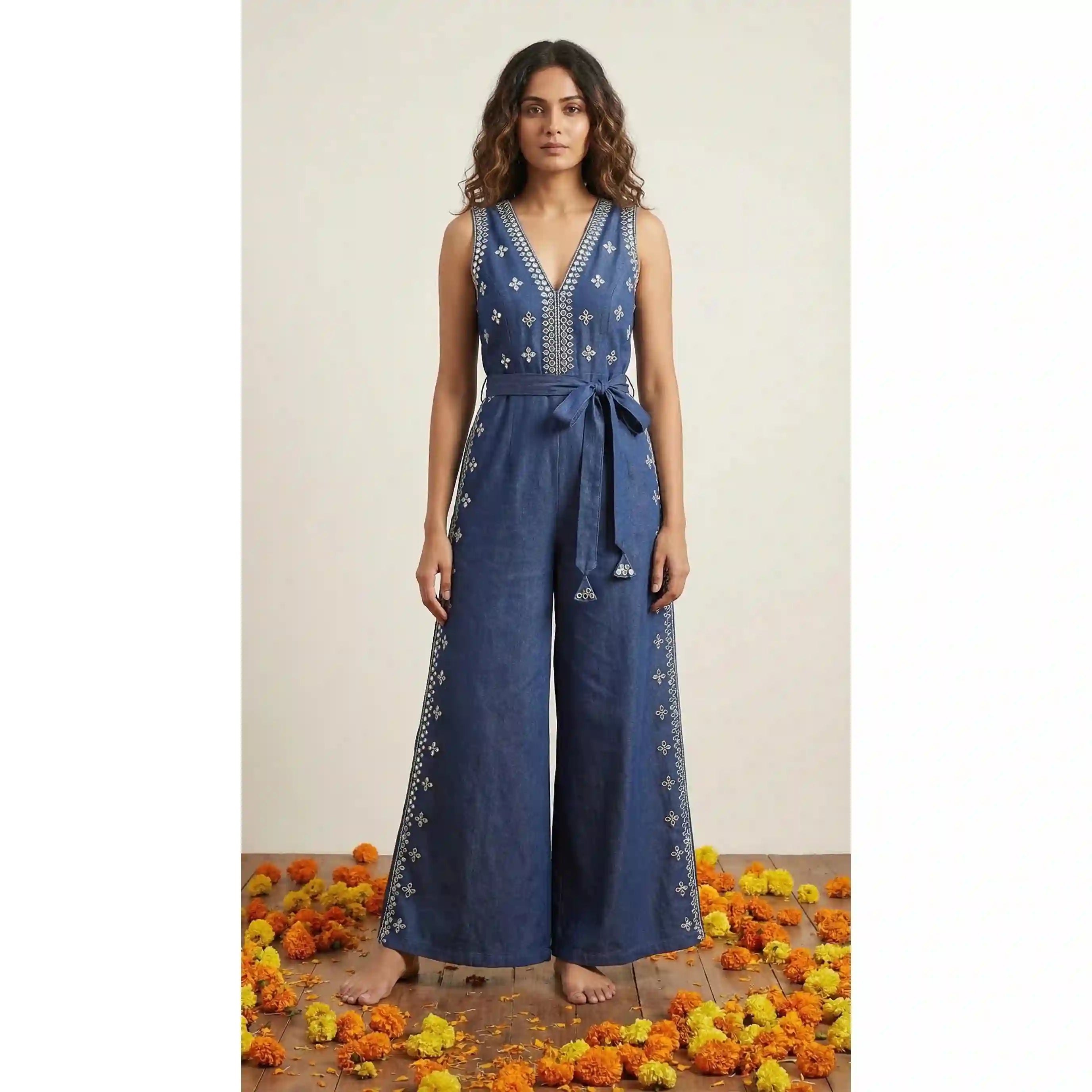 Blue Denim Jumpsuit with Mirror Work