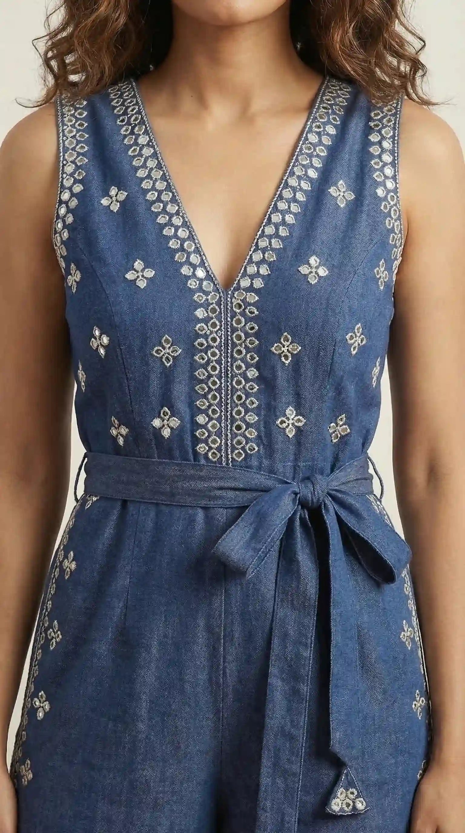 Blue Denim Jumpsuit with Mirror Work