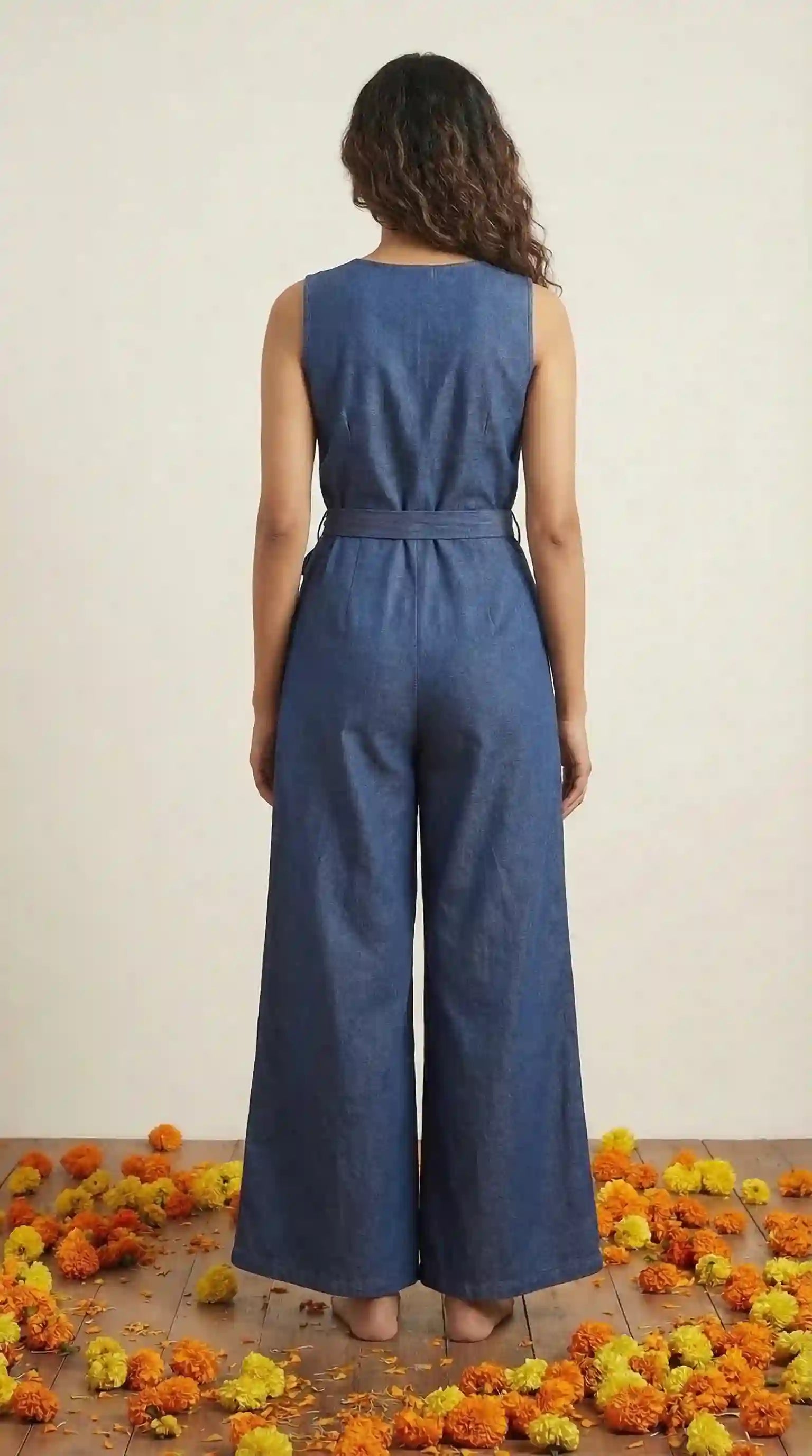 Blue Denim Jumpsuit with Mirror Work