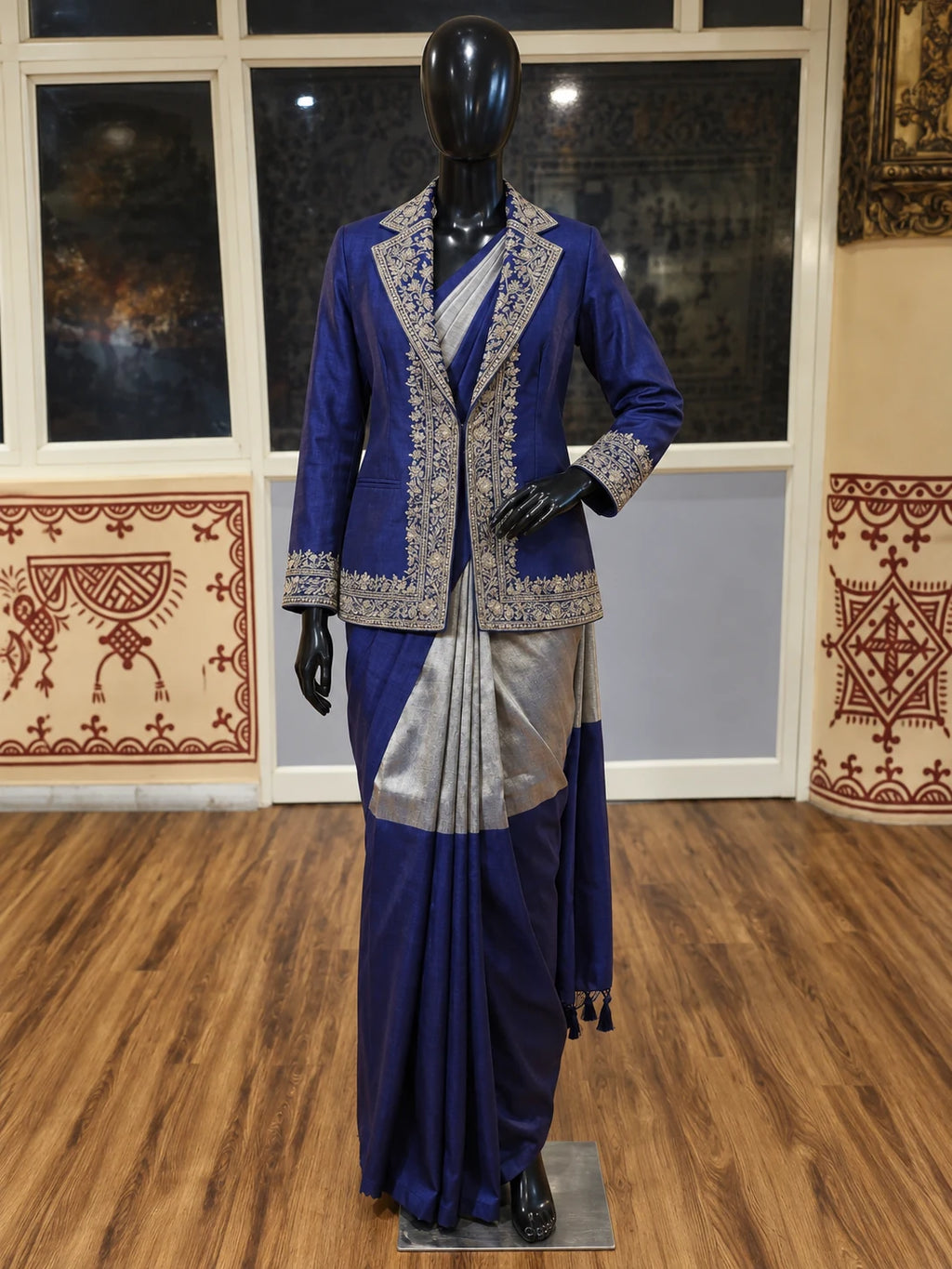 SHYAAM — Handloom Tissue Silk Zardosi Blouse, Saree & Blazer Set — digitally created mannequin view in Swarna’s office, based on the product photographs