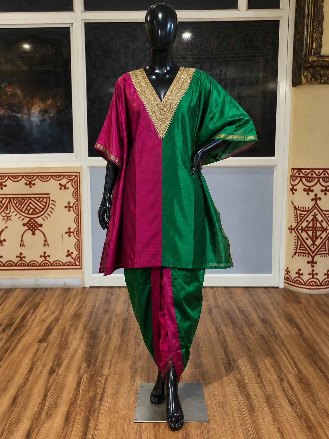 KAAJ — Handloom Tissue Silk Zardosi Kaftan & Dhoti Set — digitally created mannequin view in Swarna’s office, based on the product photographs