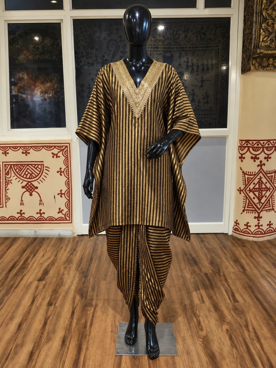 TARA — Handloom Tissue Silk Zardosi Kaftan & Dhoti Set — digitally created mannequin view in Swarna’s office, based on the product photographs