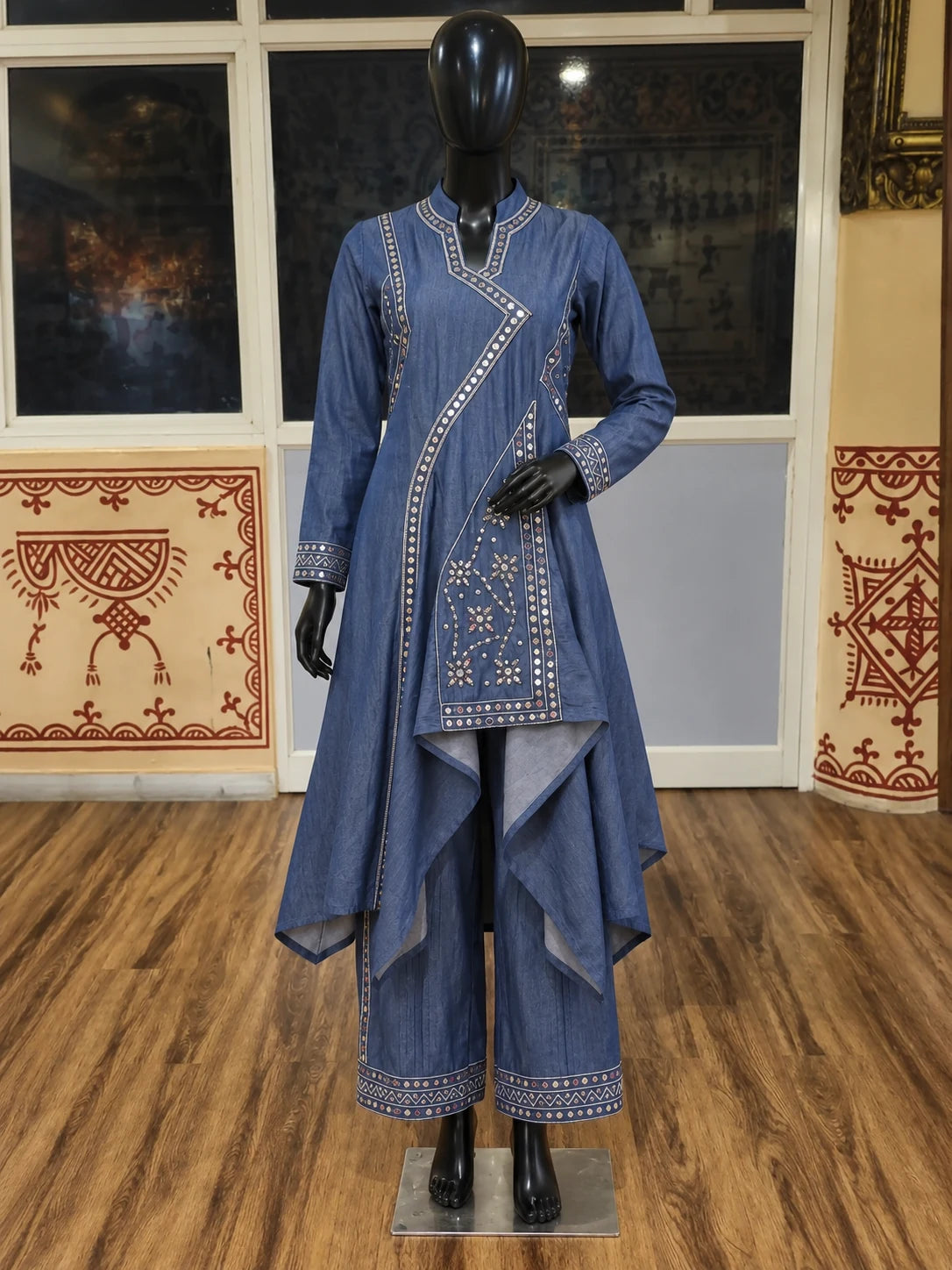 Blue Denim Tunic & Palazzo Set — digitally created mannequin view in Swarna’s office, based on the product photographs