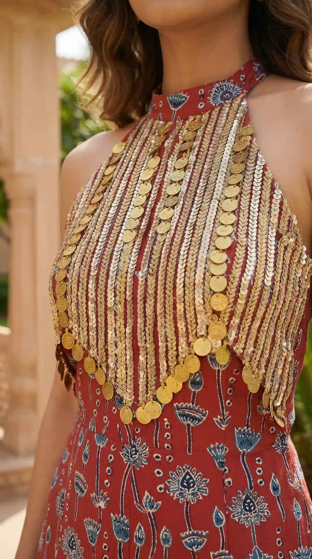 Rust Red Ajrakh Modal Silk Jumpsuit with Embroidery