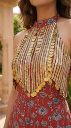 Rust Red Ajrakh Modal Silk Jumpsuit with Embroidery