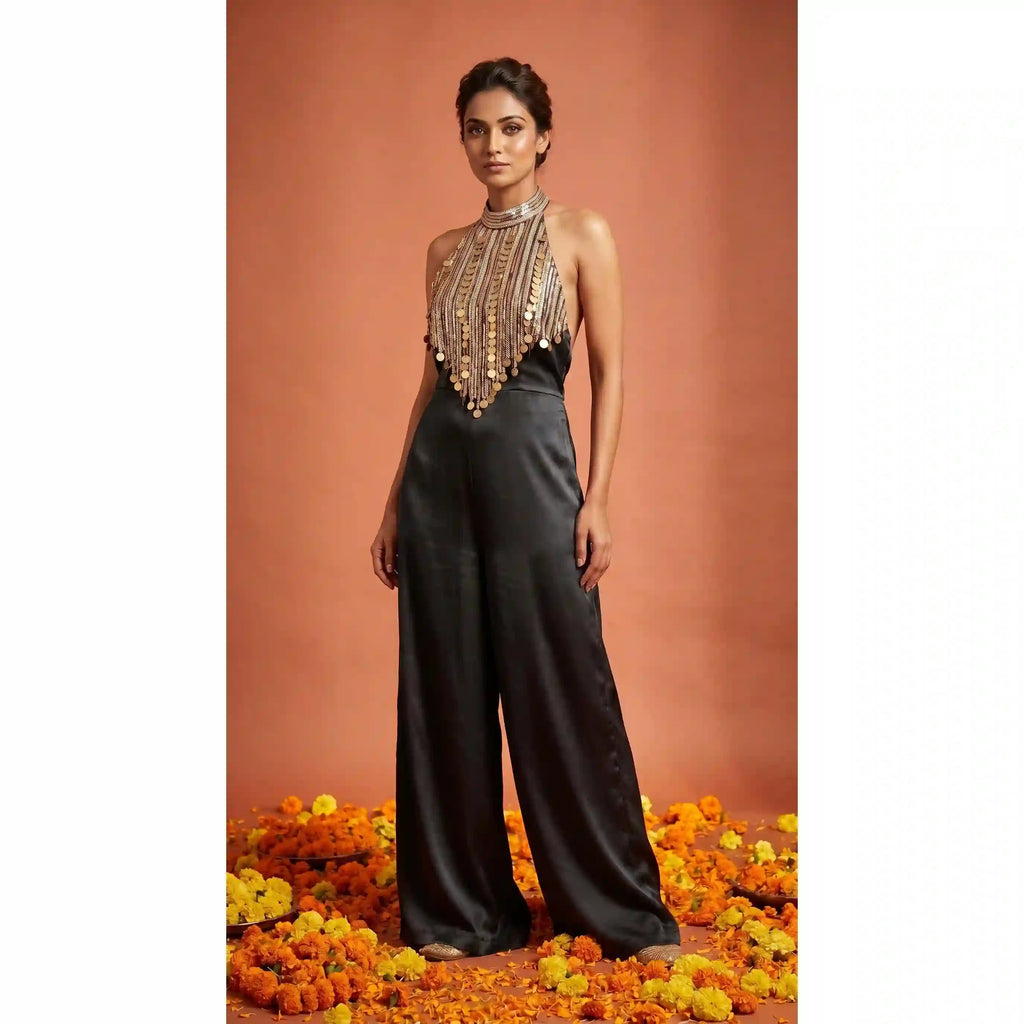 Black Modal Silk Jumpsuit with Embroidery