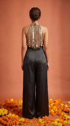 Black Modal Silk Jumpsuit with Embroidery