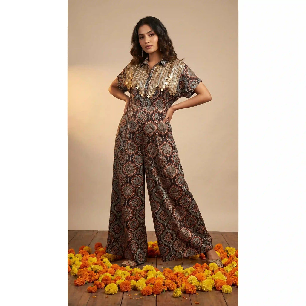 Black Ajrakh Modal Silk Jumpsuit with Embroidery