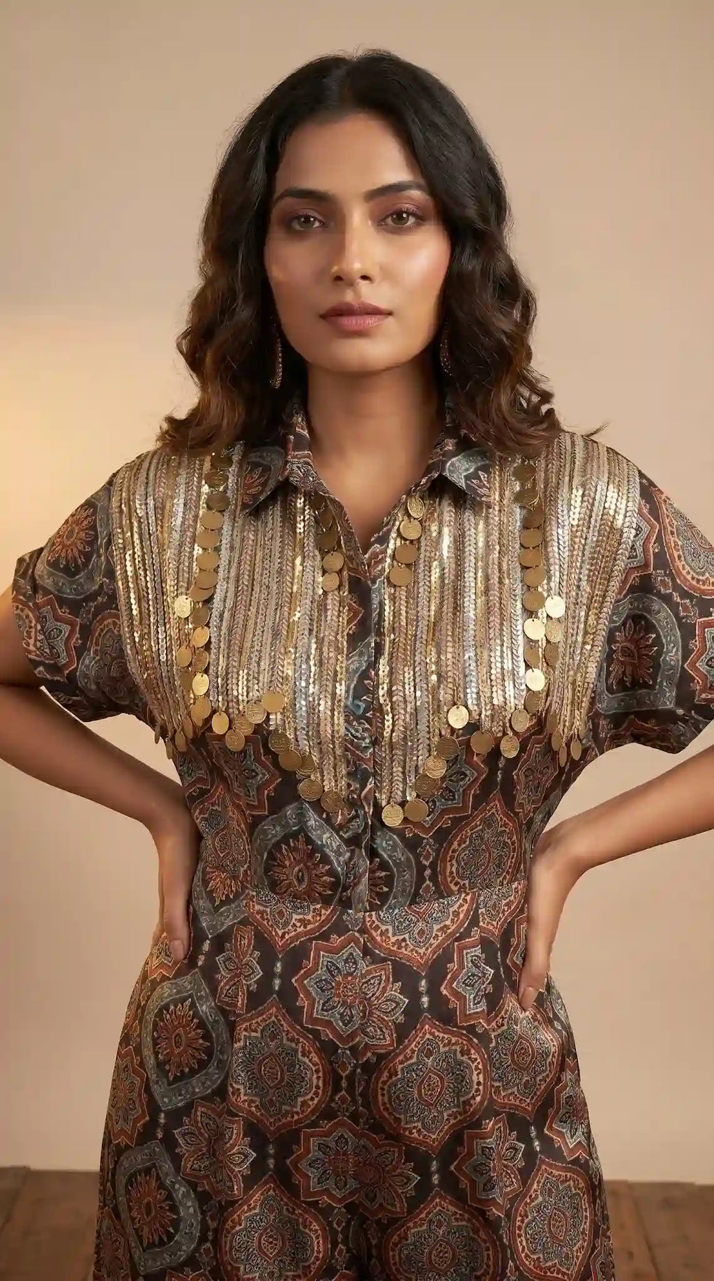 Black Ajrakh Modal Silk Jumpsuit with Embroidery