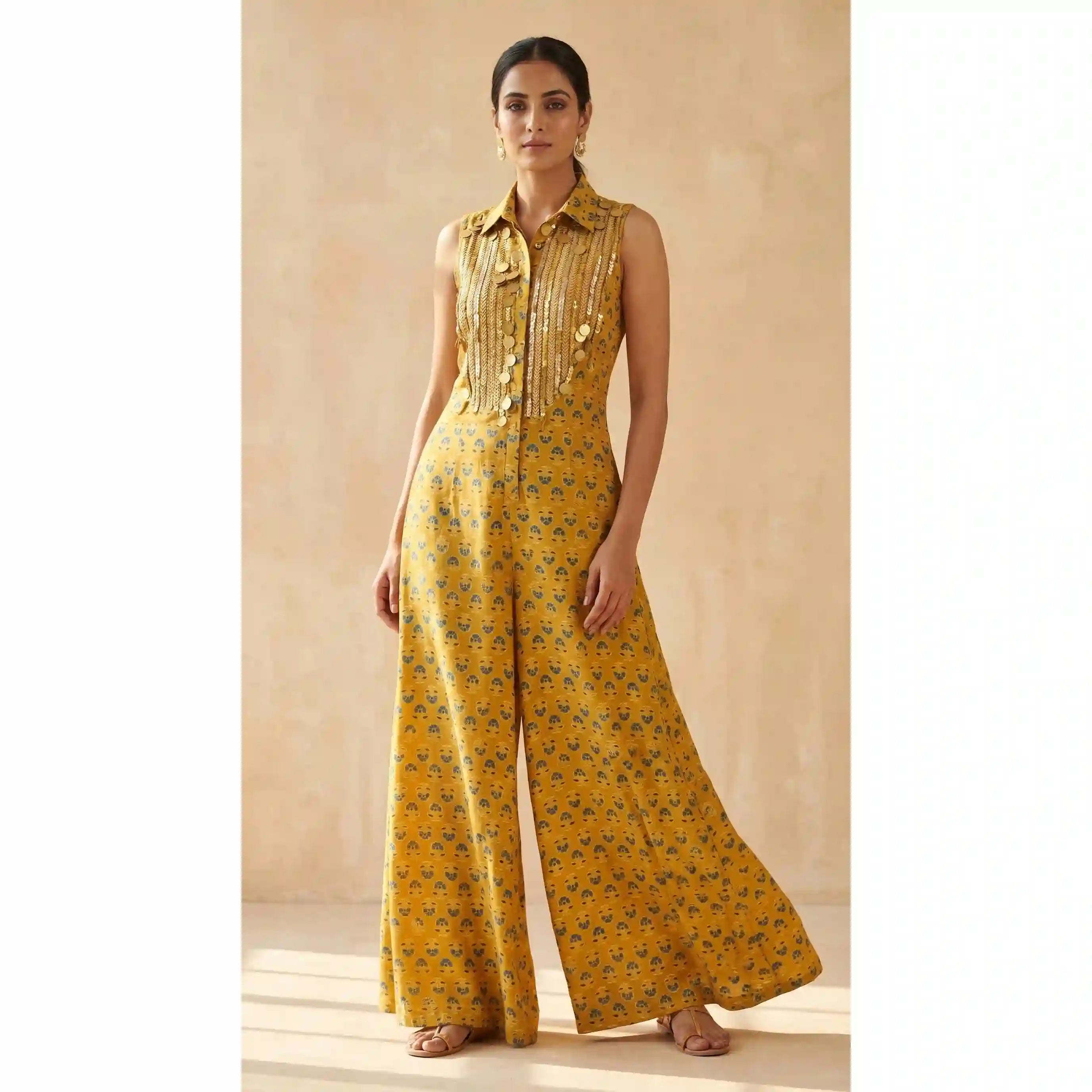 Yellow Ajrakh Modal Silk Jumpsuit with Embroidery