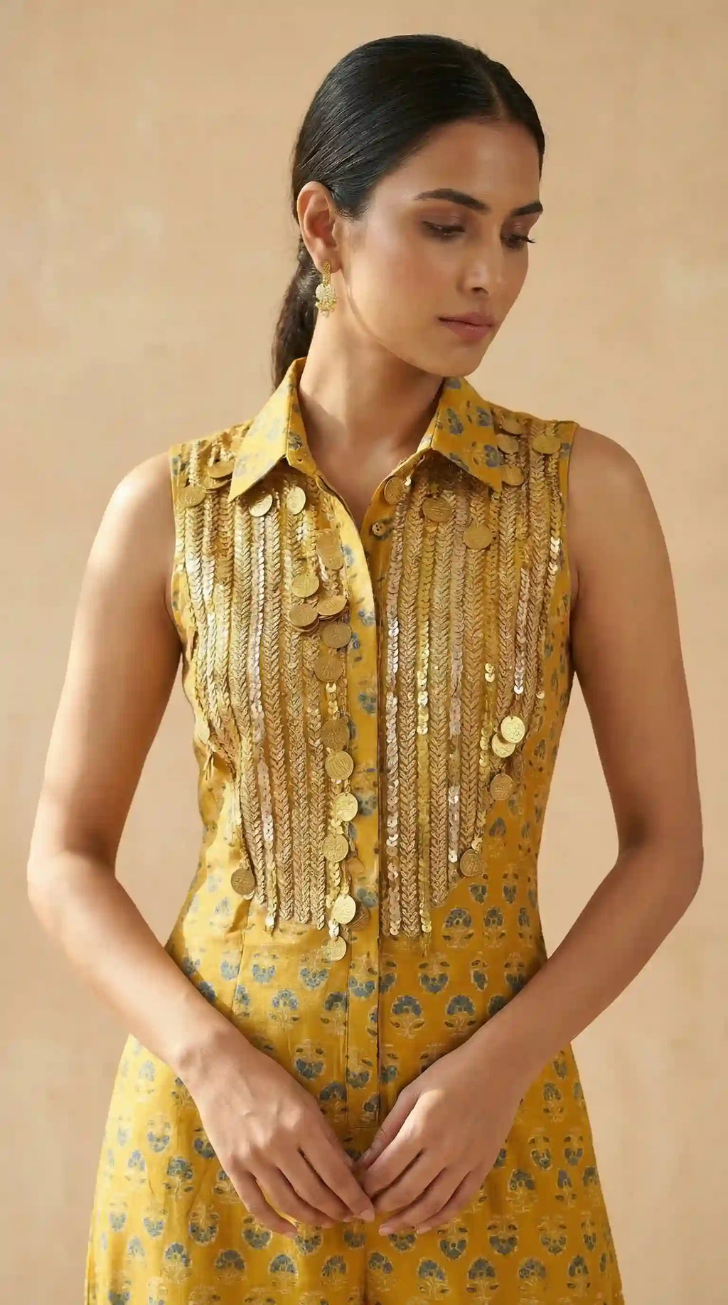 Yellow Ajrakh Modal Silk Jumpsuit with Embroidery