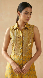 Yellow Ajrakh Modal Silk Jumpsuit with Embroidery