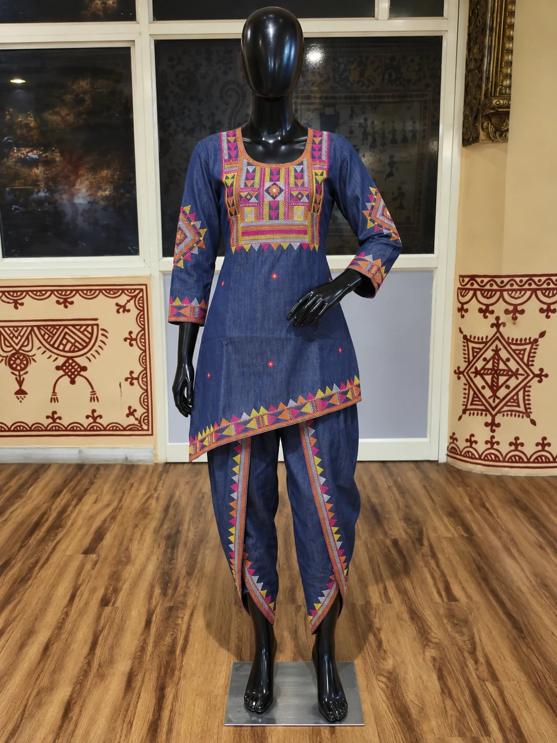 Blue Denim Lambani Tunic & Dhoti Set — digitally created mannequin view in Swarna’s office, based on the product photographs