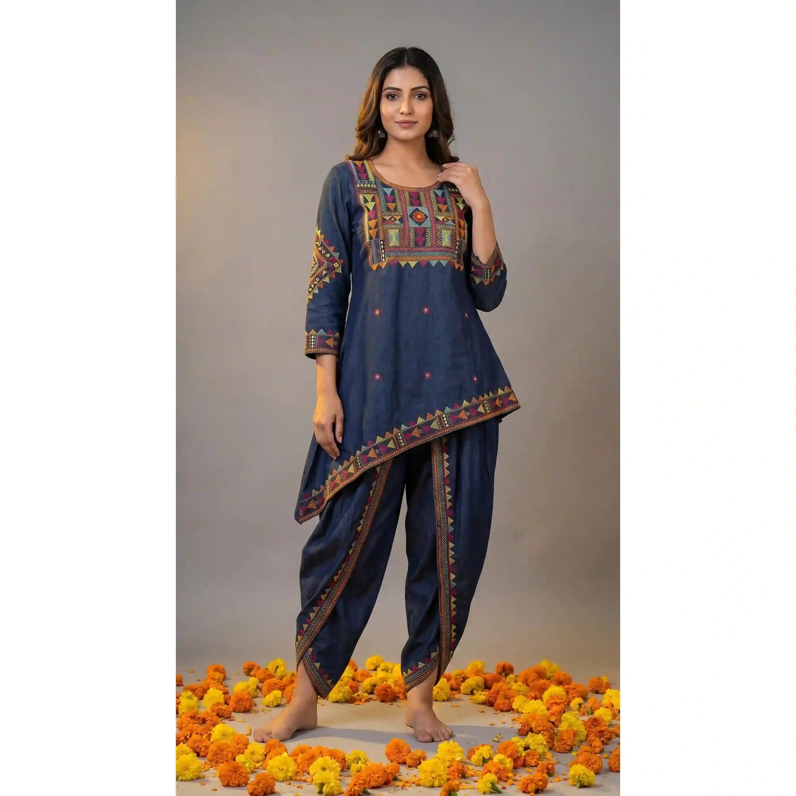 Blue Denim Lambani Tunic-Dhoti Set