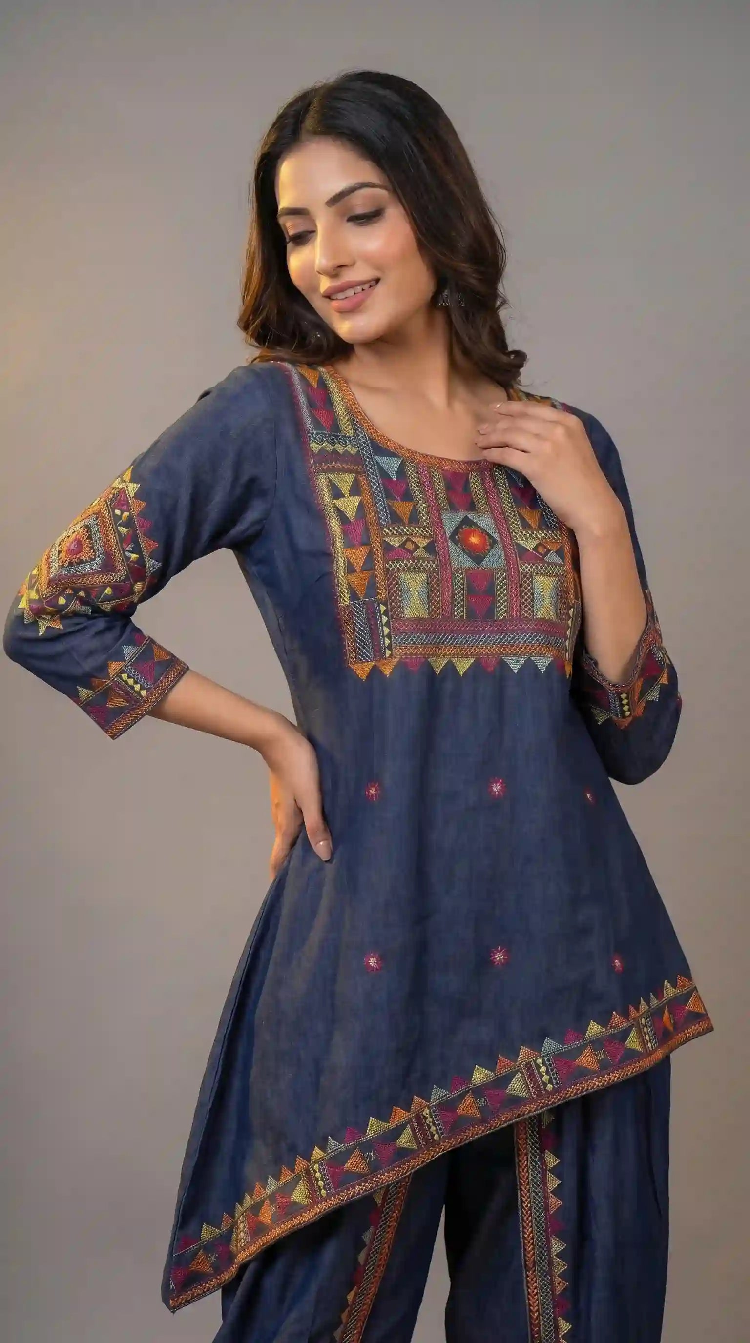 Blue Denim Lambani Tunic-Dhoti Set