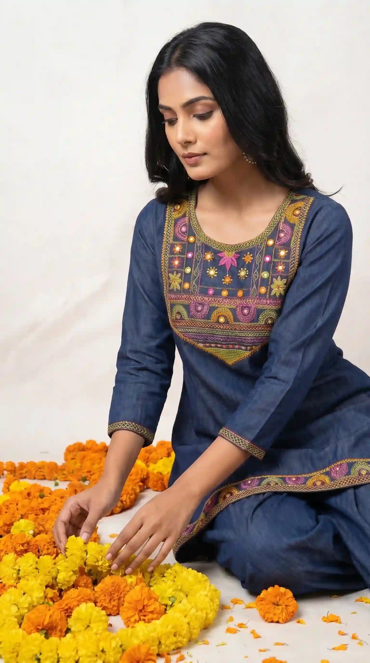 Blue Denim Lambani Tunic-Dhoti Set