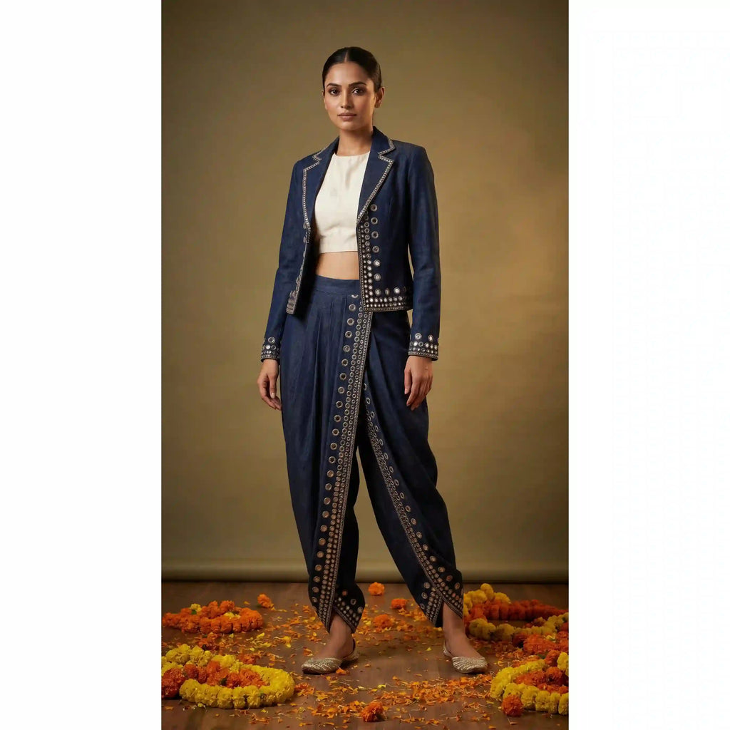 Blue Denim Jacket-Dhoti and Crop top Set