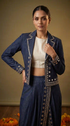 Blue Denim Jacket-Dhoti and Crop top Set