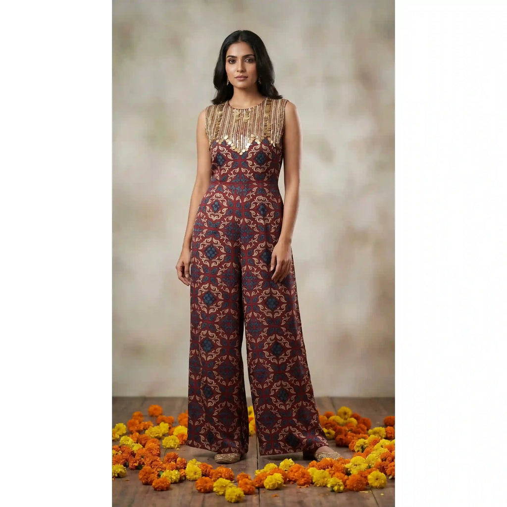 Madder Ajrakh Modal Silk Jumpsuit with Embroidery