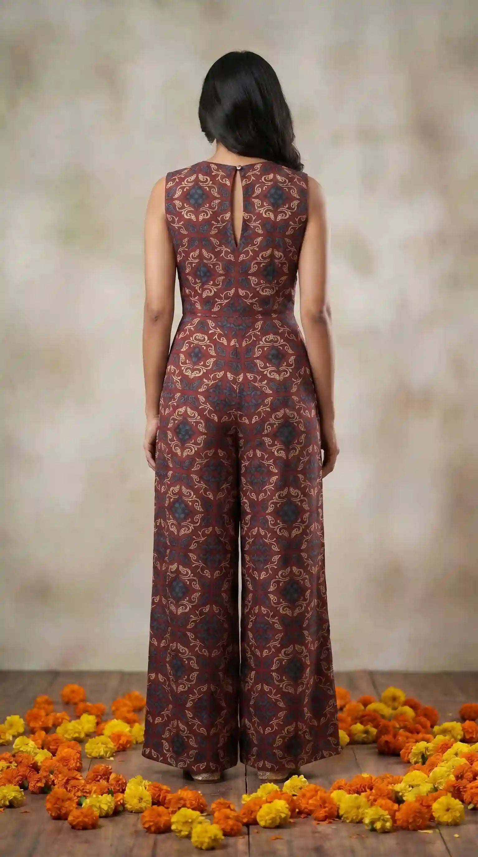 Madder Ajrakh Modal Silk Jumpsuit with Embroidery