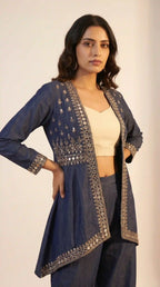 Blue Denim Jacket-Dhoti and Crop top Set