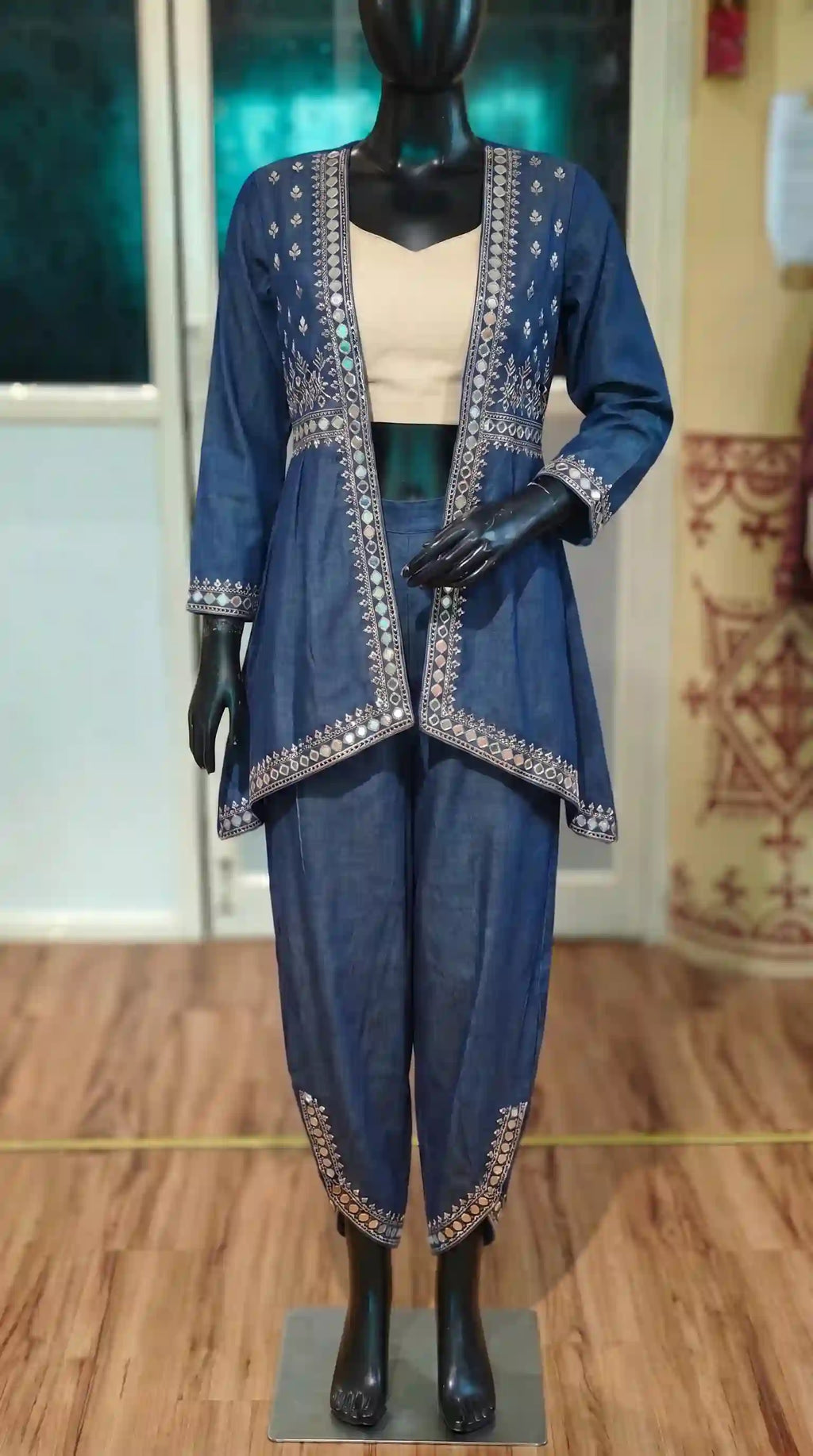 Blue Denim Jacket-Dhoti and Crop top Set