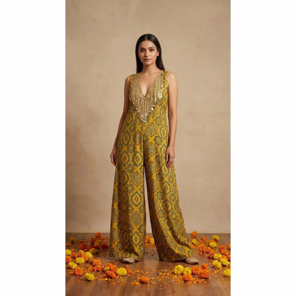 Yellow Ajrakh Modal Silk Jumpsuit with Embroidery